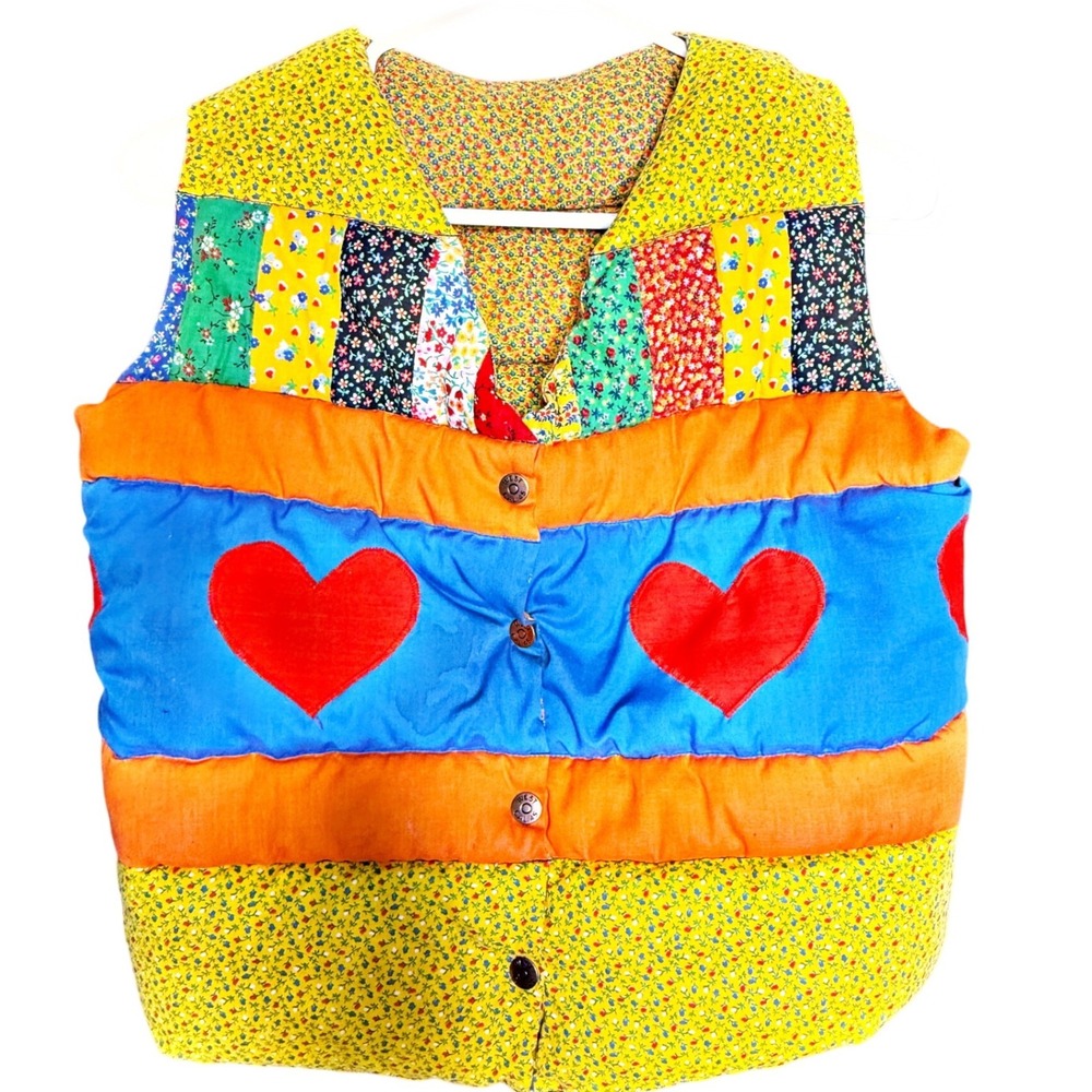 Handmade Quilted Patchwork Puffer Vest Multicolor Heart Applique Retro Women S